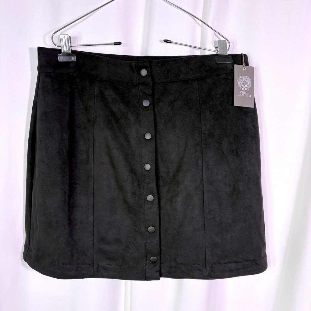 NWT Vince Camuto Mini Skirt Womens L Black Faux Suede Button Front Fall Harmony